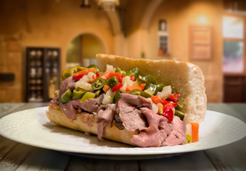 Italian beef sandwich with giardiniera topping